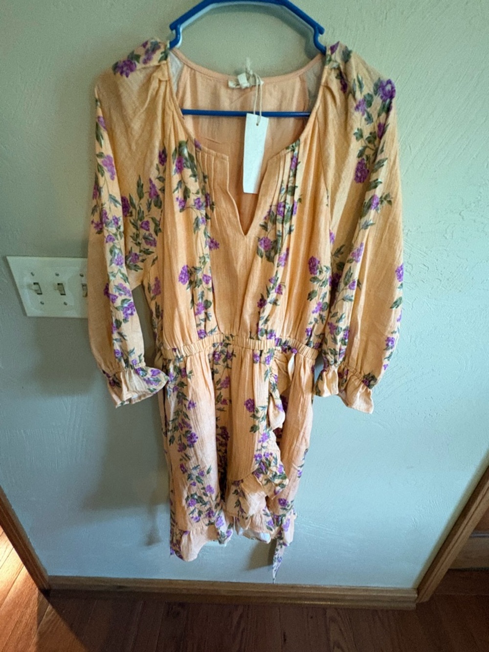 Mystree Peach Floral Long Sleeve Midi Dress with Purple Blooms